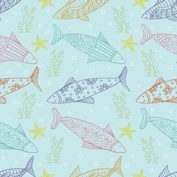 Seamless pattern with fish and seaweed. vector