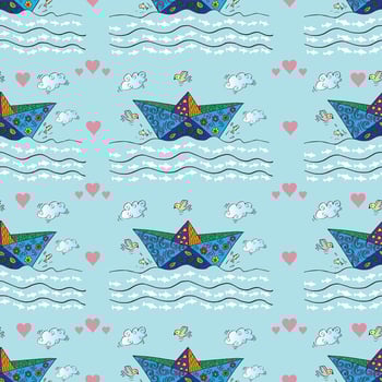 Seamless pattern with origami boats and clouds vector