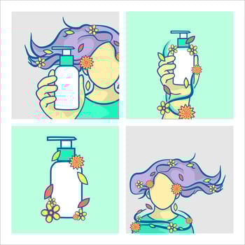 Diversity in Beauty and Skincare, Natural Cosmetic Concept Icons, colorful illustration features women with natural hair textures, floral elements, and hands holding skincare bottles vector