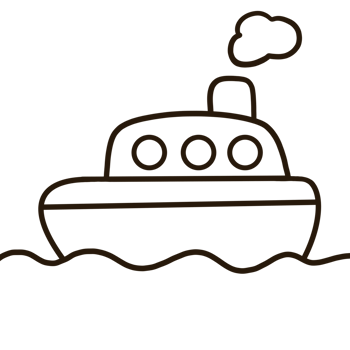 Cartoon line drawing of a boat on water on transparent background. png