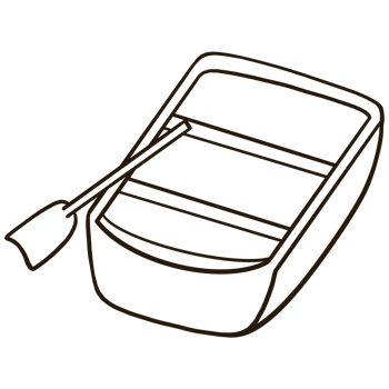 Cartoon outline of wooden boat and paddle on transparent background. png