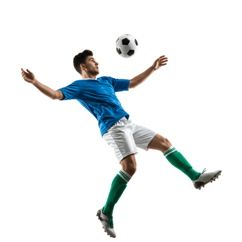 Dynamic Soccer Player Leaping High to Head the Ball in Mid-Air Action Shot png