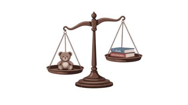 Balancing child custody, teddy bear and legal documents on scale png