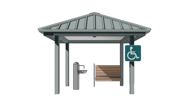 Accessible bus stop shelter with drinking fountain and bench on transparent background png