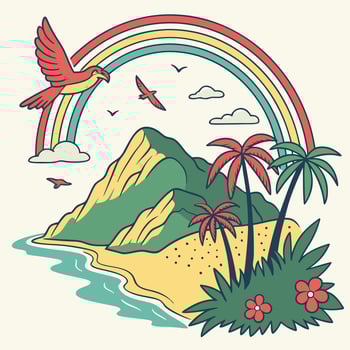 Retro illustration of a tropical paradise with a rainbow palm trees and birds flying over a serene landscape vector
