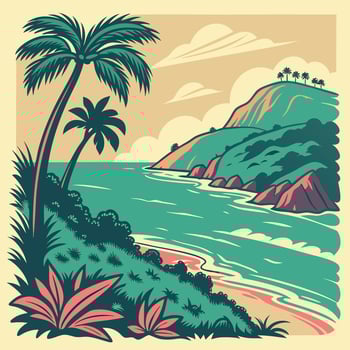 Tropical beach illustration depicting a scenic coastline with palm trees ocean and colorful mountain view for vacation destinations vector