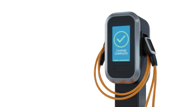 Electric vehicle charging station showing charge complete on transparent background png