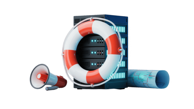 Server rescue with lifebuoy, megaphone, and blueprint on transparent background png