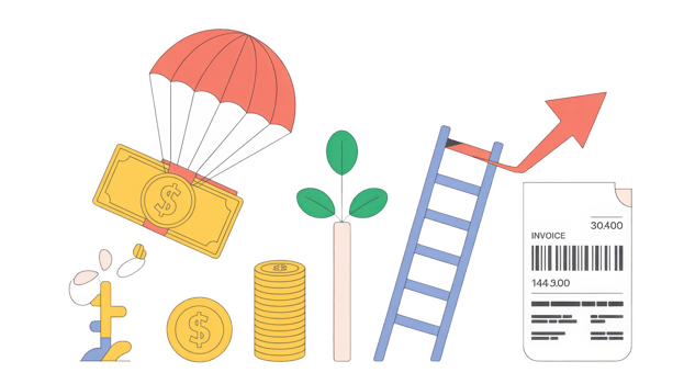 Money falling from sky, growing plant, stacked coins and invoice with increasing arrow on transparent background png