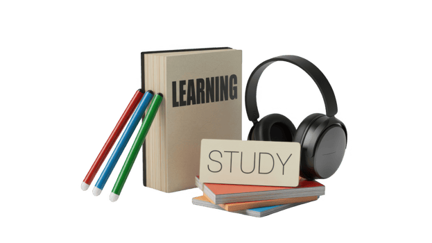 Learning and studying with books, headphones, and markers on transparent background png