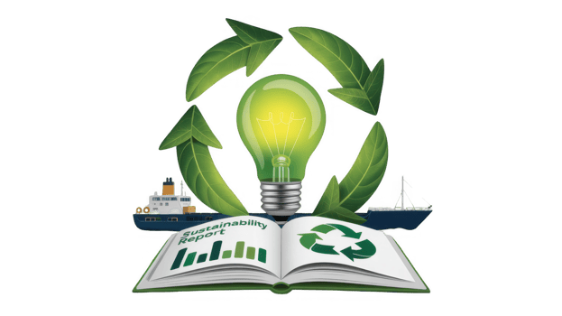 Sustainability report with green light bulb, recycling symbol, and cargo ships on transparent background png