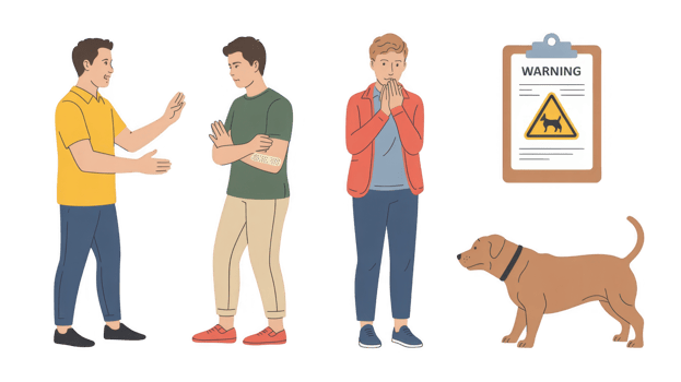 Men discussing a dog bite incident with warning sign and transparent background png