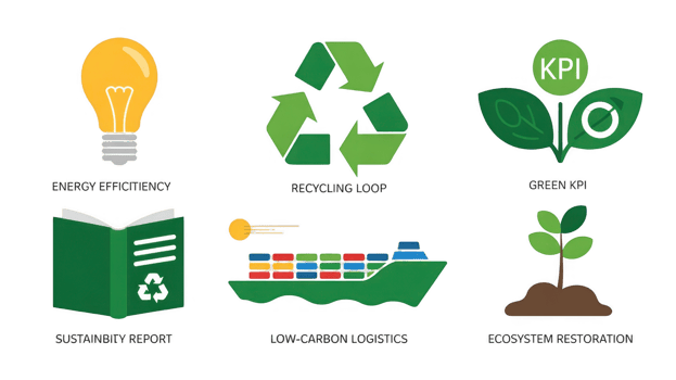 Energy efficiency, recycling, green kpi and ecosystem restoration icons promoting sustainability png