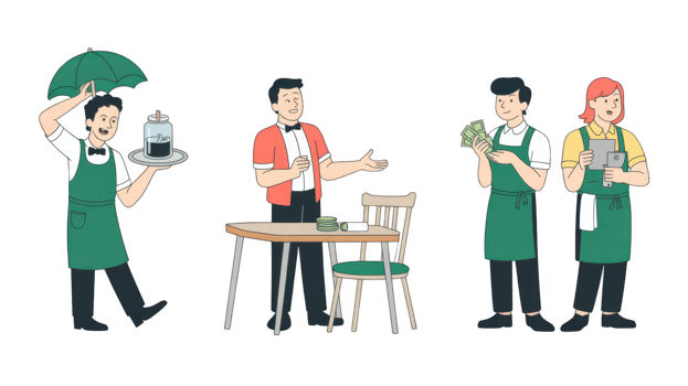 Baristas serving customer, counting money and using pos system with transparent background png