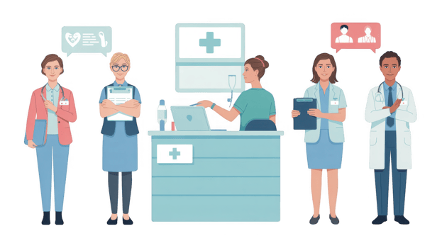 Medical staff characters working in hospital clinic on transparent background png