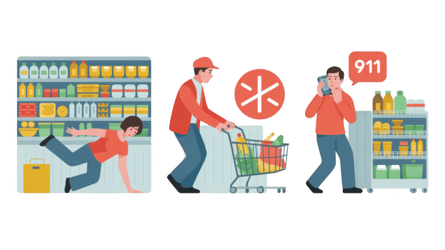 Customer falling on wet floor, man pushing shopping cart and calling 911 png