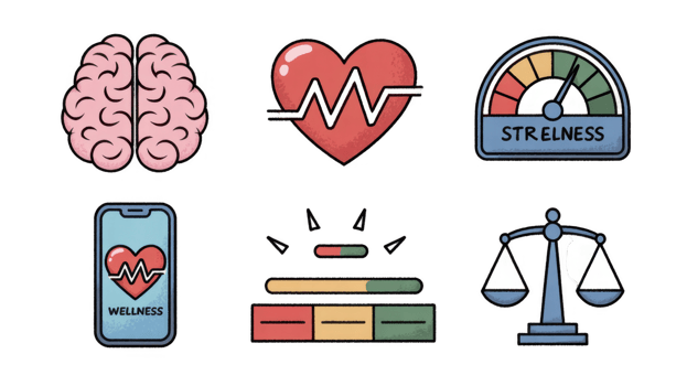 Mental health, wellness and stress management icons showing balance, heartbeat and brain functioning png