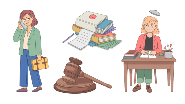 Lawyer talking on phone, gavel, documents and stressed clerk with transparent background png
