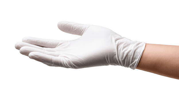 Doctor wearing surgical glove showing open hand palm up on transparent background png