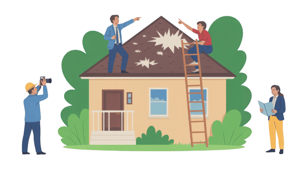 Insurance agent and roofer evaluating hail damage on house roof with engineer and architect discussing on transparent background png