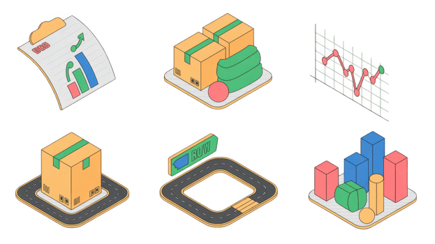Isometric logistics and delivery icons representing business processes with transparent background png