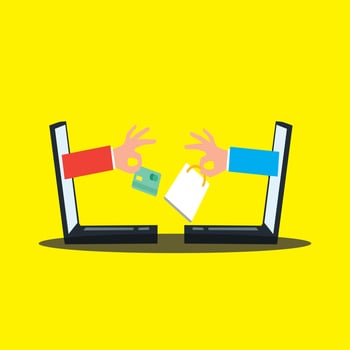 Two hands are holding a credit card and a shopping bag vector