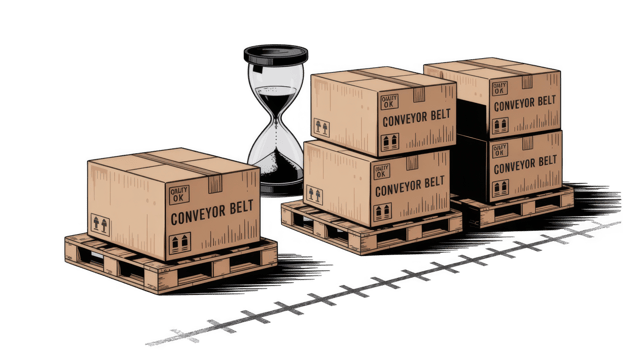 Cardboard boxes on wooden pallets with hourglass measuring time on transparent background png