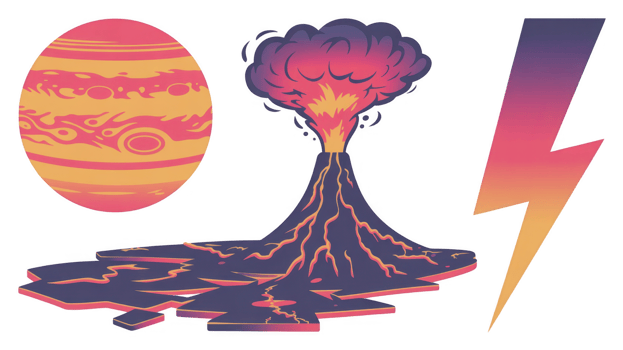 Jupiter, volcano erupting and lightning bolt on transparent background png