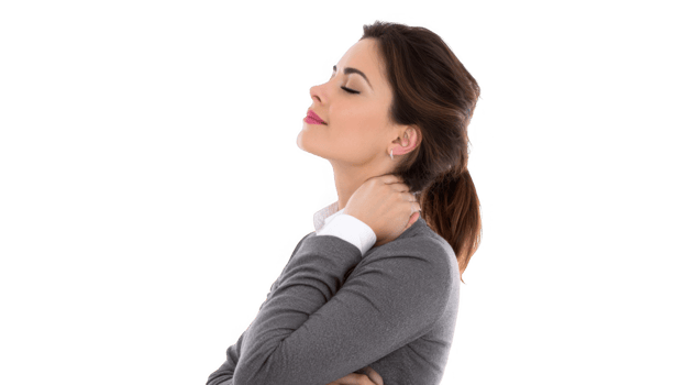 Businesswoman relaxing and massaging neck on transparent background png