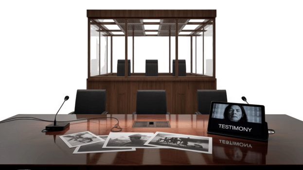 Courtroom with evidence displayed, witness testifying remotely on transparent background png