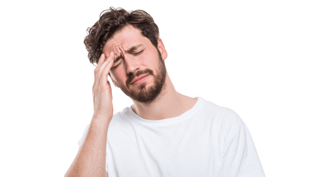 Young man suffering from migraine touching his head on transparent background png