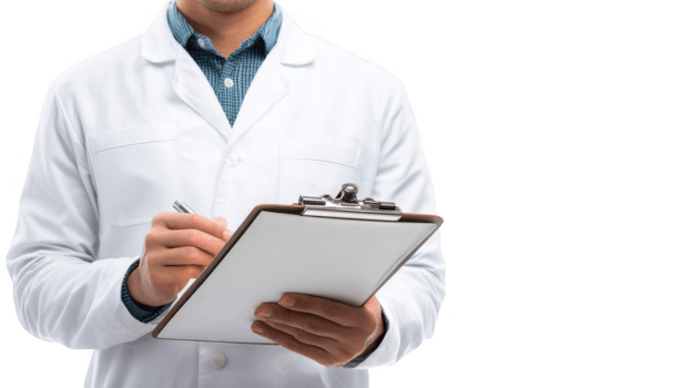 Doctor writing notes on clipboard with transparent background png