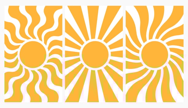 Large set groovy sun. Yellow textured retro sun. Posters from the 70s and 60s. Hippie style. Summer vintage patterns vector