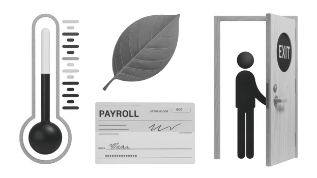 Employee leaving job, payroll, thermometer and leaf on transparent background png