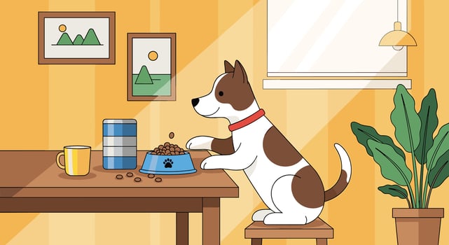 A dog sitting at a table eating food vector