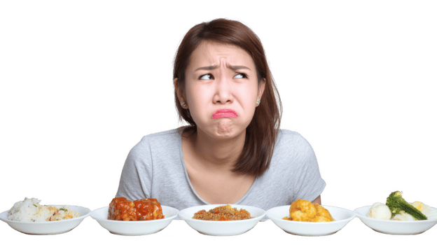 Woman making disgusted face at unpleasant food dishes with transparent background png