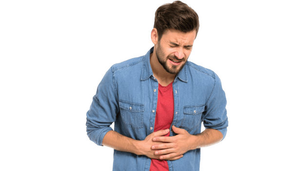 Handsome man suffering from stomach ache on transparent background png