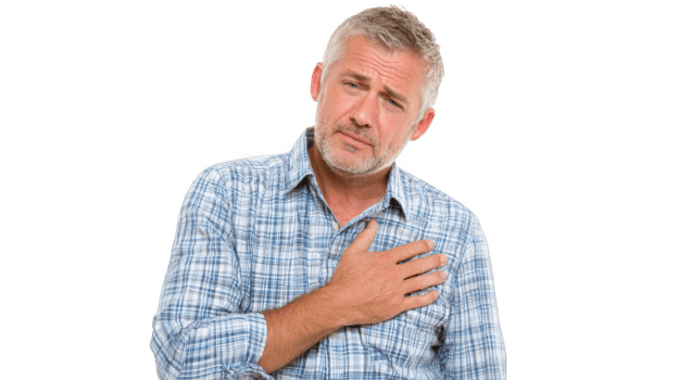 Mature man suffering from chest pain on transparent background png