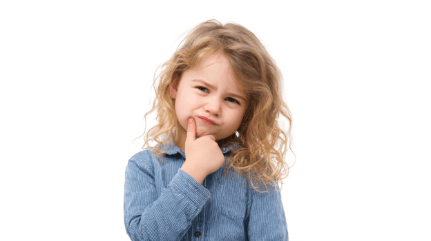 Little girl making thinking gesture with transparent background png