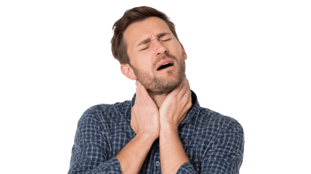 Man suffering from sore throat touching neck with transparent background png