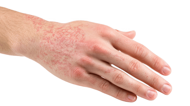 Eczema affecting hand and wrist showing redness and irritation on transparent background png