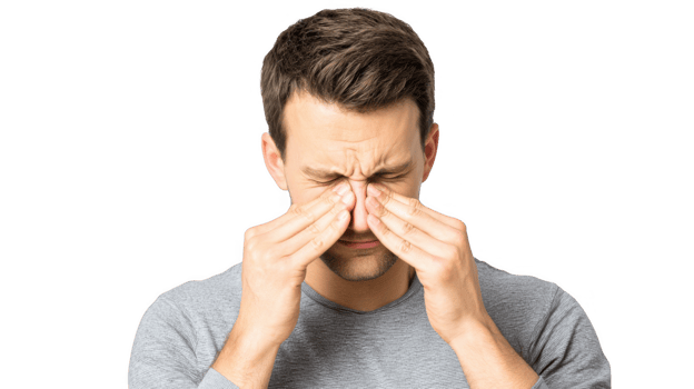 Stressed businessman rubbing eyes and having headache on transparent background png