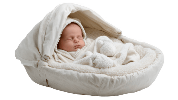 Newborn baby sleeping peacefully in soft cocoon with transparent background png