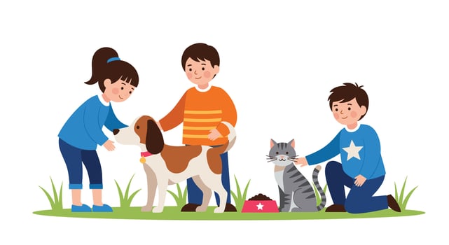 Children and Their Beloved Pets Sharing Moments of Happiness and Companionship in Their Yard vector