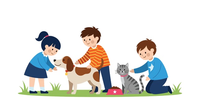 The Joy of Friendship Children and Their Beloved Pets A Happy Moment Outdoors vector