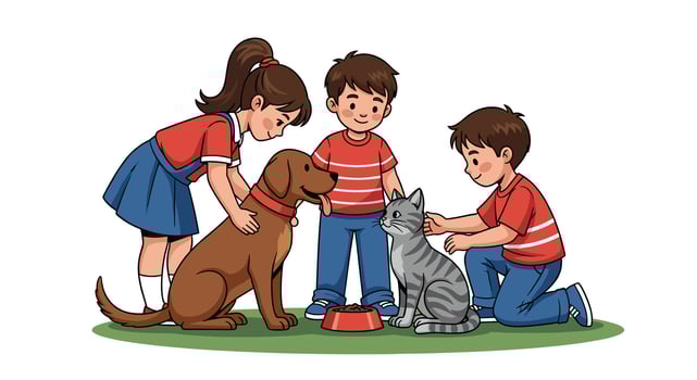 A Group Of Children Are Playing With Their Cat And Dog Together Outdoor vector