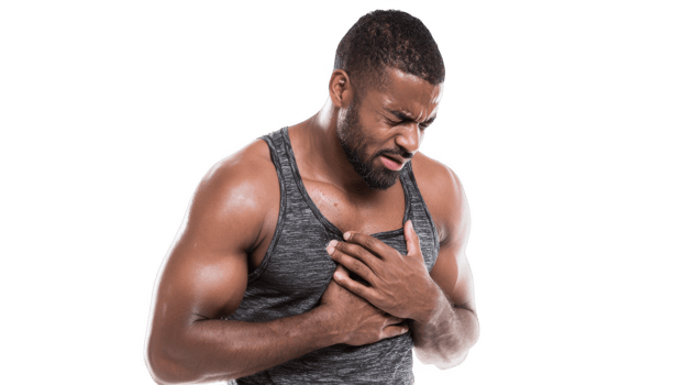 Young bodybuilder suffering chest pain on transparent background png