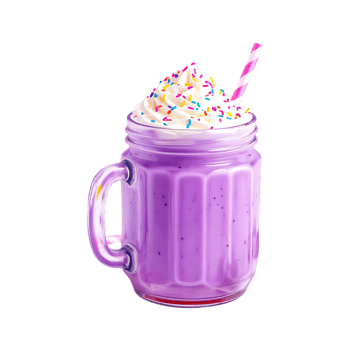 Purple milkshake in mason jar with whipped cream and sprinkles. png