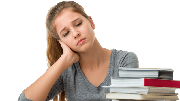 Sad student feeling tired and bored while studying with transparent background png