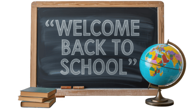 Welcome back to school message on blackboard with globe and books png